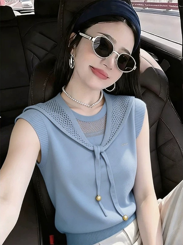 Áo hai dây dệt kim phong cách thiếu nữ ngọt ngào, họa tiết rỗng, tay dây mảnh — Màu xanh da trời