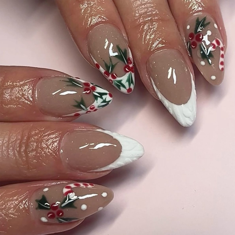 Comercio exterior Navidad relieve manicure tridimensional muletas de copo de nieve para usar uñas almendras 24 piezas de parche de uñas francés