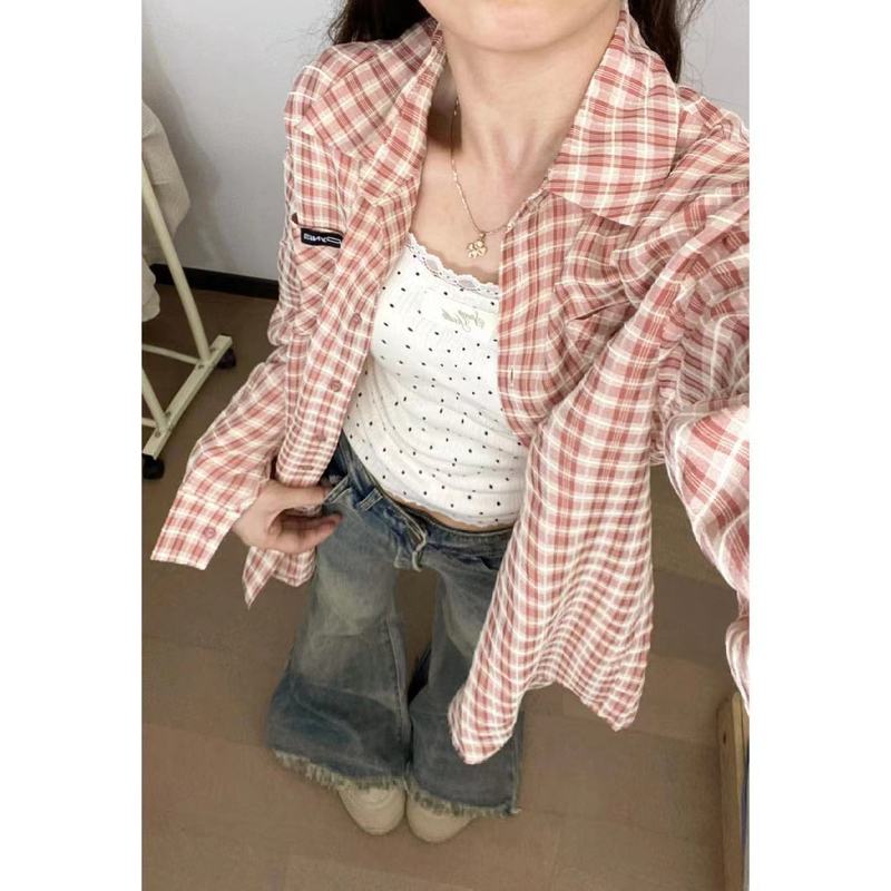 森系橘色格纹衬衫女叠穿年轻ins宽松遮肉显瘦长袖衬衣外搭开衫潮|undefined