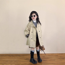 2025秋季新款 韩版童装 女童欧美风复古双排扣立领中长款风衣外套