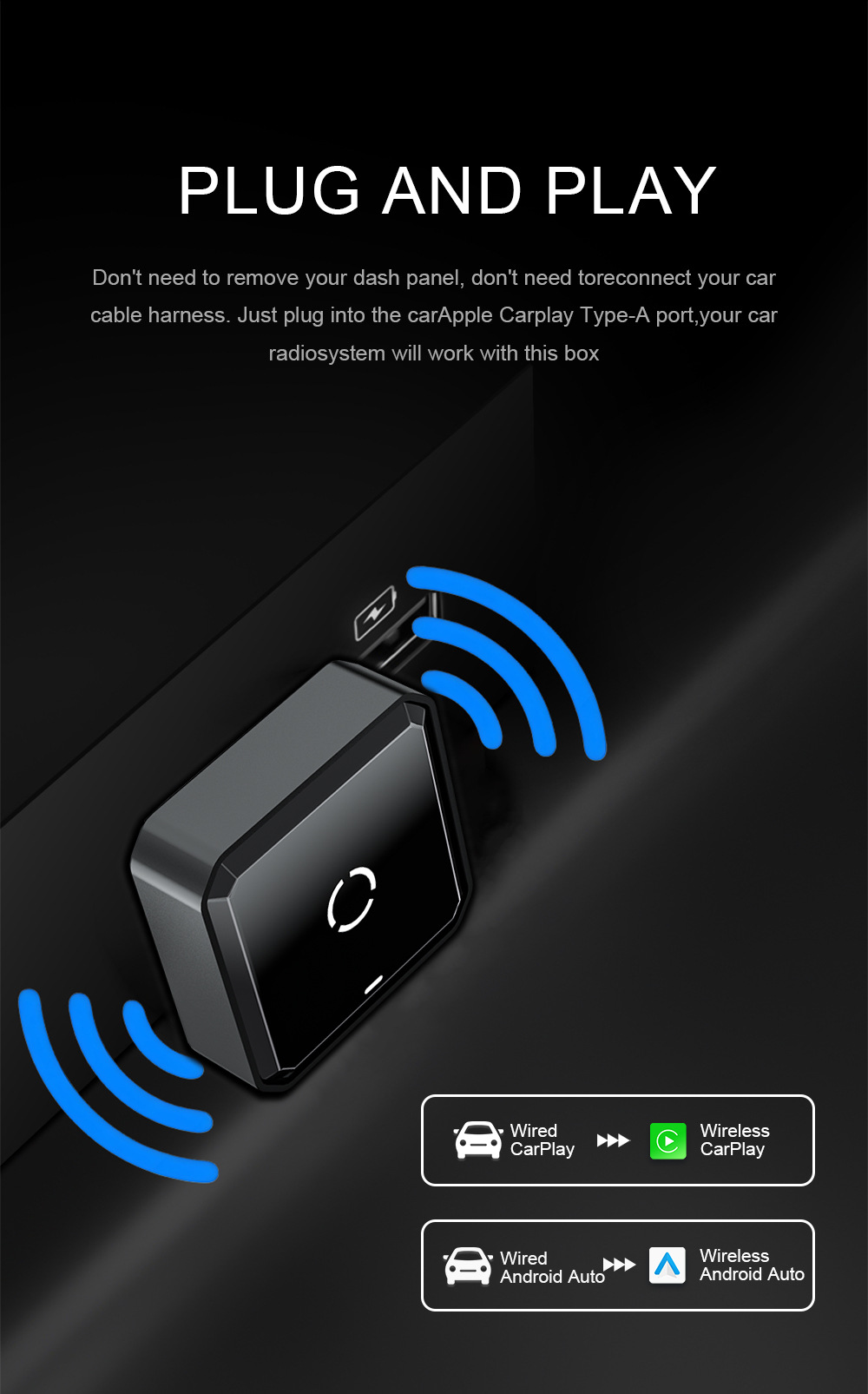 Cross-Border Best-Selling Wired-To-Wireless Carplay/Android Auto Adapter, New Model for Universal Car-Machine Connectivity