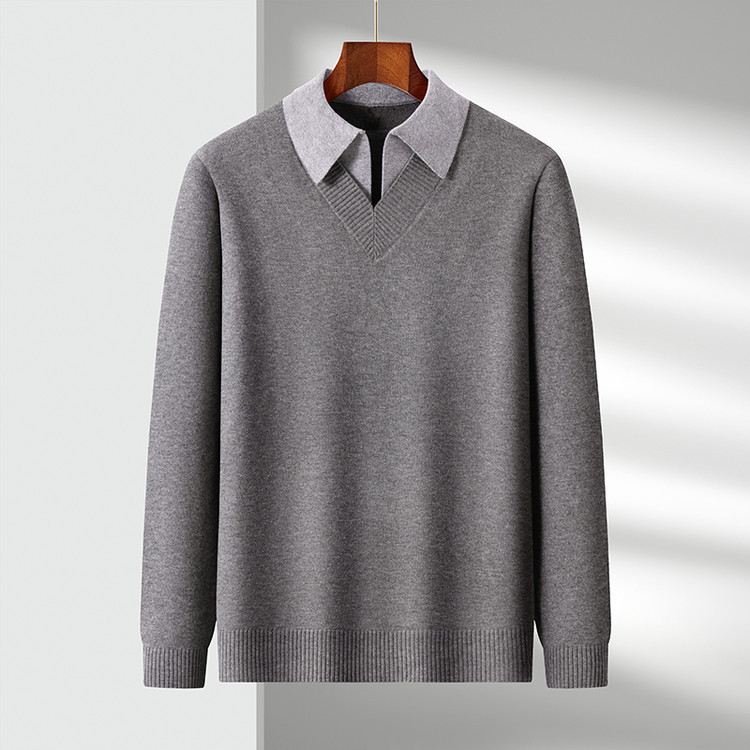 Falsa de dos camisas de cuello de camisa de punto de hombre otoño y invierno nuevos productos de mediana edad negocios ocio suéter suelto chaqueta coreana