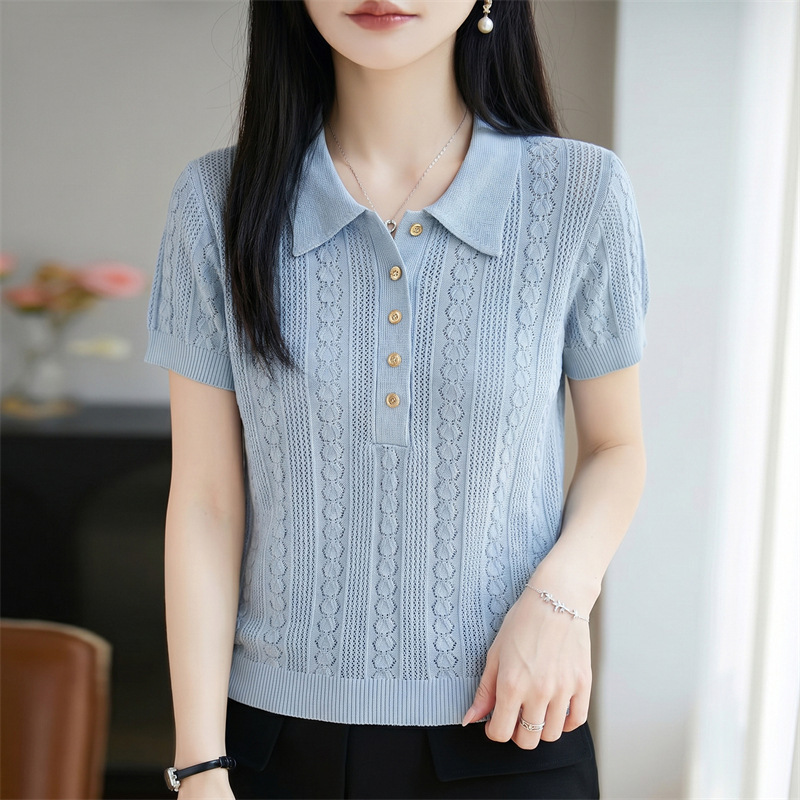 Lyocell Tencel T-Shirt Polo Collar Pink Hollow-Out Knit Top Women's Short-Sleeve Casual Youthful Stylish Top Lyocell Tencel T-Shirt Polo Collar Pink Hollow-Out Knit Top Women's Short-Sleeve Casual Youthful Stylish Top