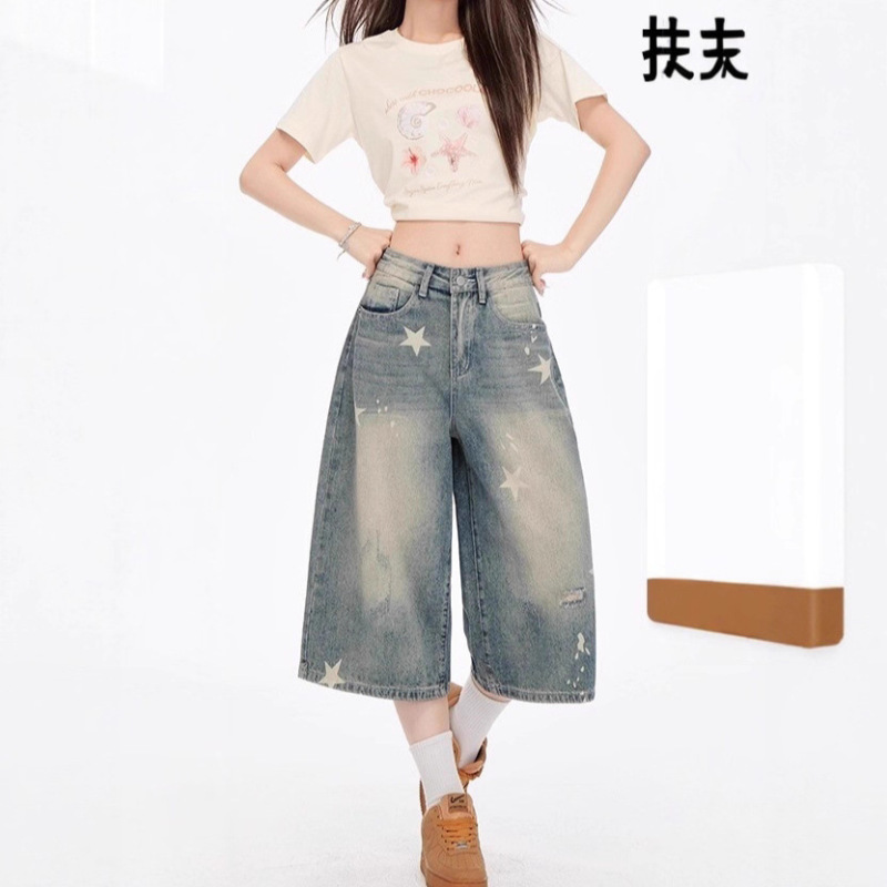 American Retro Star Print Denim Shorts for Women, Summer Thin Style, Vintage Washed, Loose Wide-Leg Casual Cropped Pants