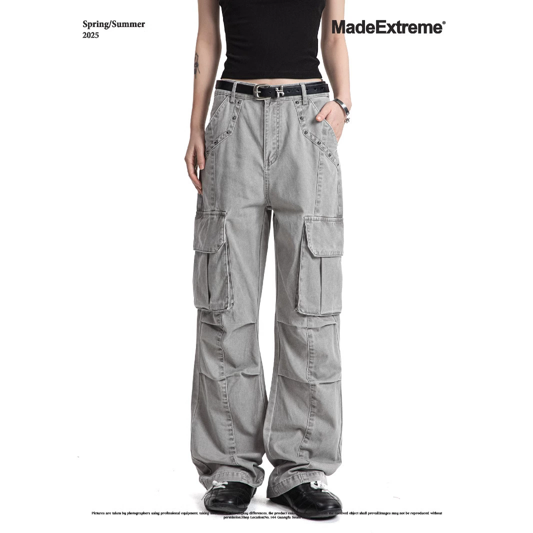 MADEEXTREME вымытые пепел с несколькими карманами деконструкции сращивания силуэт ретро американские брюки брюки брюки брюки