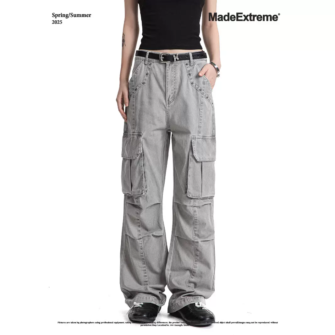 MADEEXTREME 水洗灰多口袋解构拼接廓形复古美式微喇休闲裤长裤男