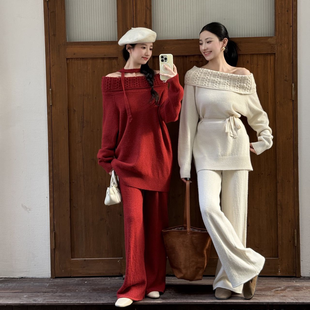 秋冬慵懒风高级感名媛风一字肩麻花毛衣针织衫女+半身长裙两件套