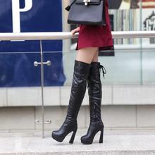 韩版新款圆头跟鞋过膝靴子长靴女拉链防水台粗跟骑士靴大码靴