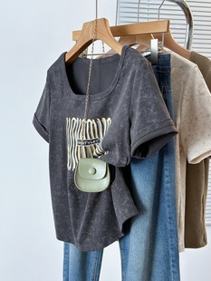 plus size Women's Clothing Design Sense Tie-dye Printed Letter Short-sleeved T-shirt Women's Summer Chubby Sister U-neck Arc Slim Top