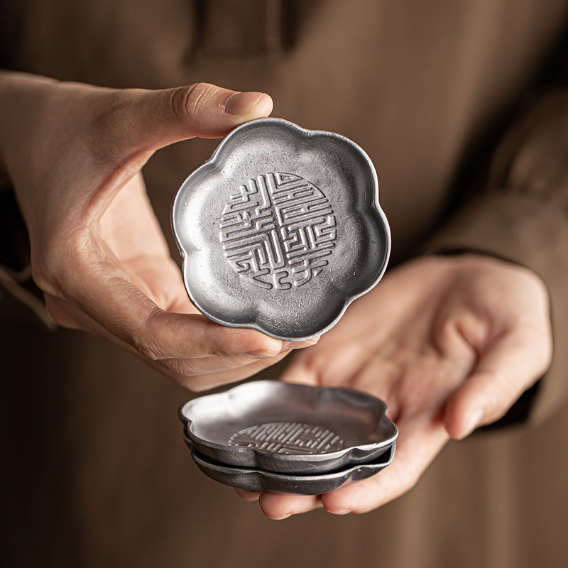 Tin Metal Tea Coaster Handmade Hammered Tea Saucer Tea Mat Retro Old Chinese Retro Insulation Mat Tea Set Accessories