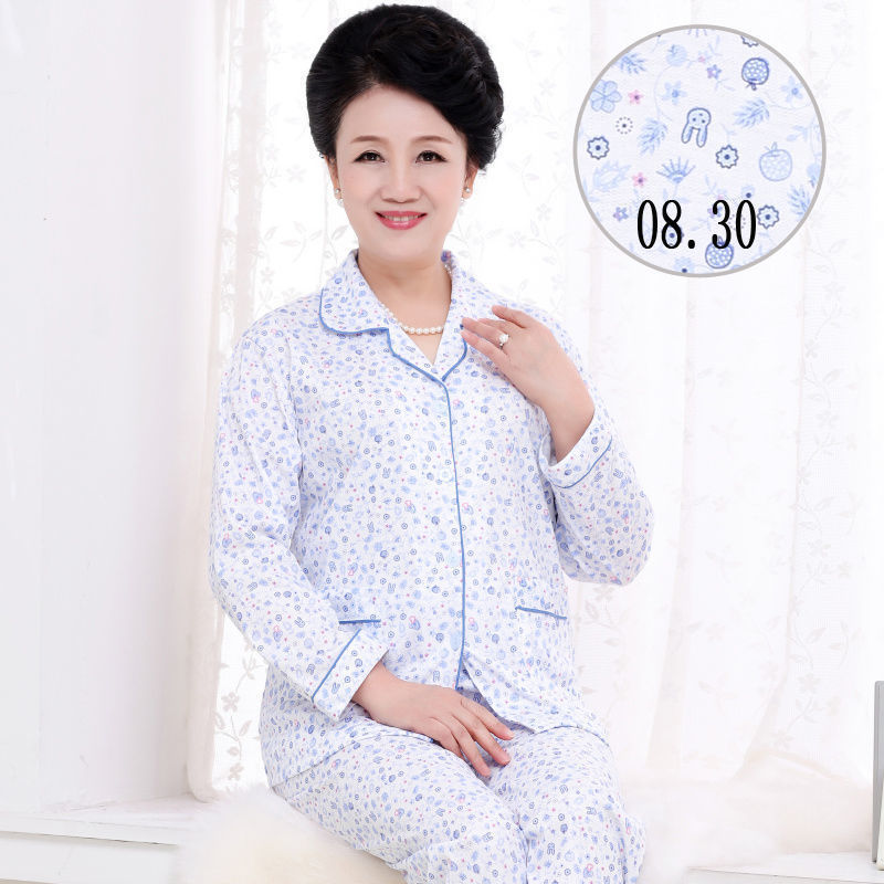 [Plus size] mamá de mediana edad y ancianos pijamas de manga larga de las mujeres de edad avanzada primavera y otoño ropa de hogar traje de Cardigan de verano