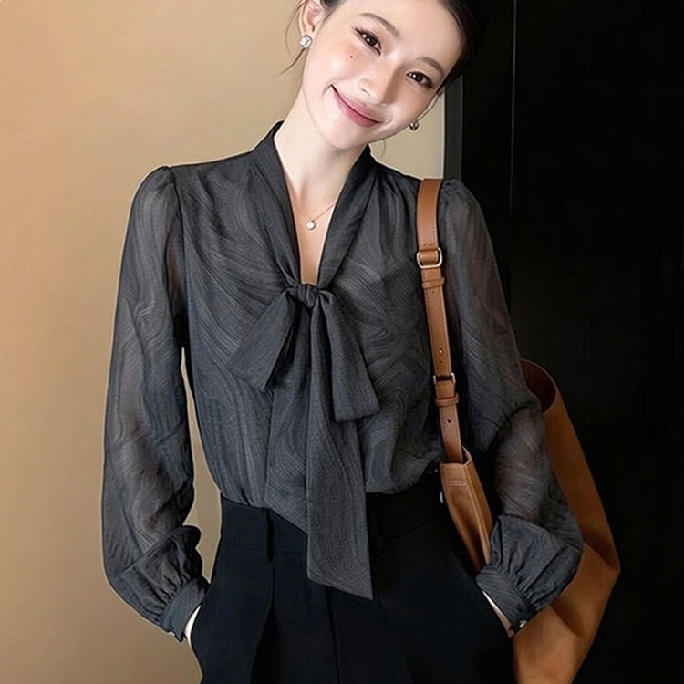 French-Style Elegant Bow-Tie Long-Sleeved Shirt for Women, Spring Fashion Loose and Versatile Shirt, Unique and Chic Top