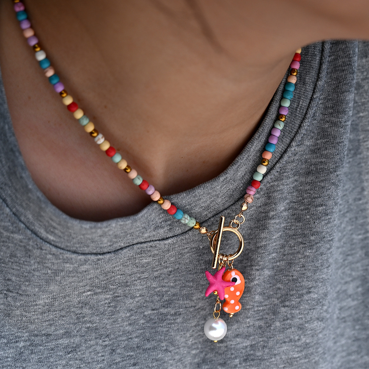 海洋系列陶瓷小鱼吊坠项链彩色串珠链条欧美百搭波西米亚锁骨链