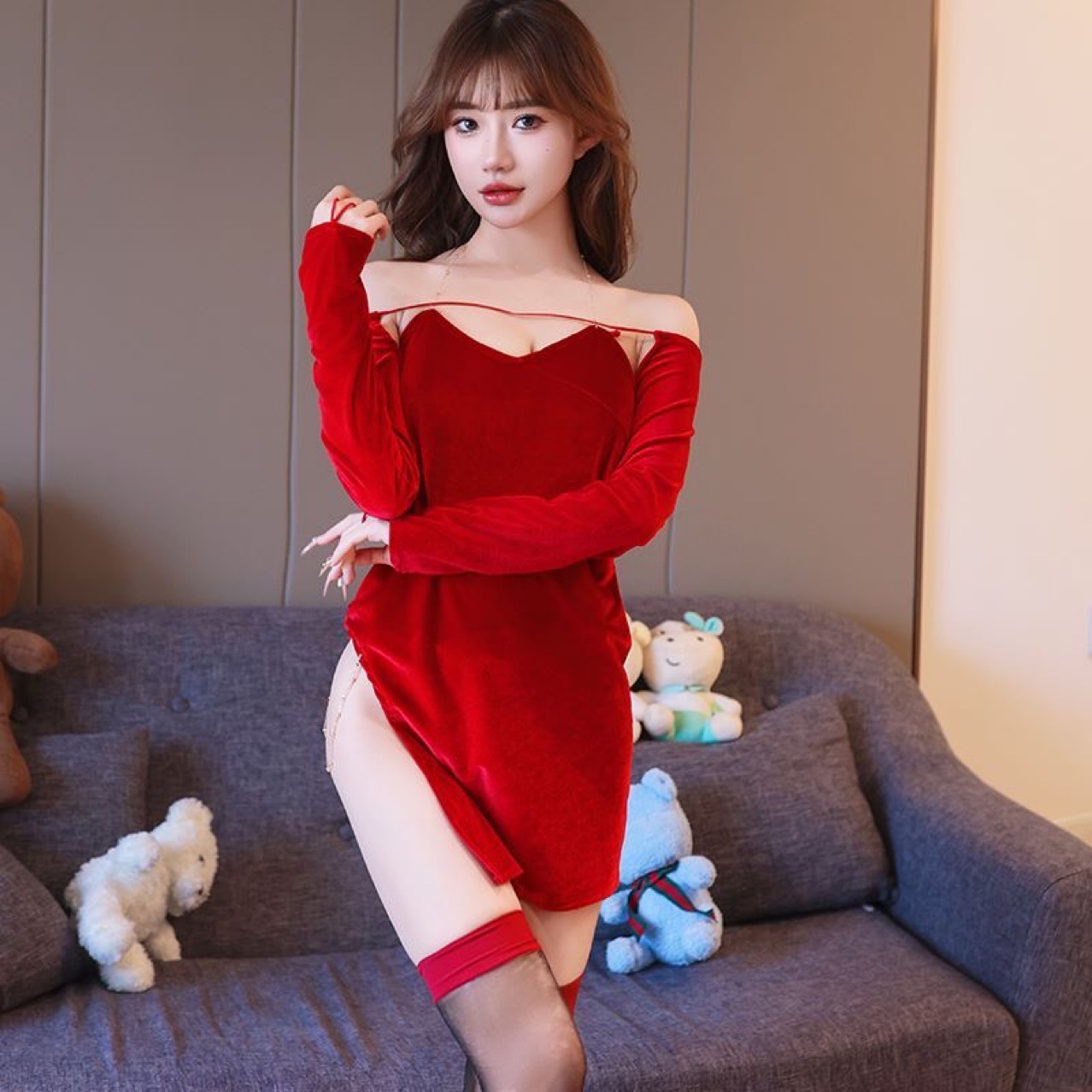 Adult Maid Cosplay Costume Set, Polyester Uniform Style, One Size, Red Belly Wrap — detail image 5