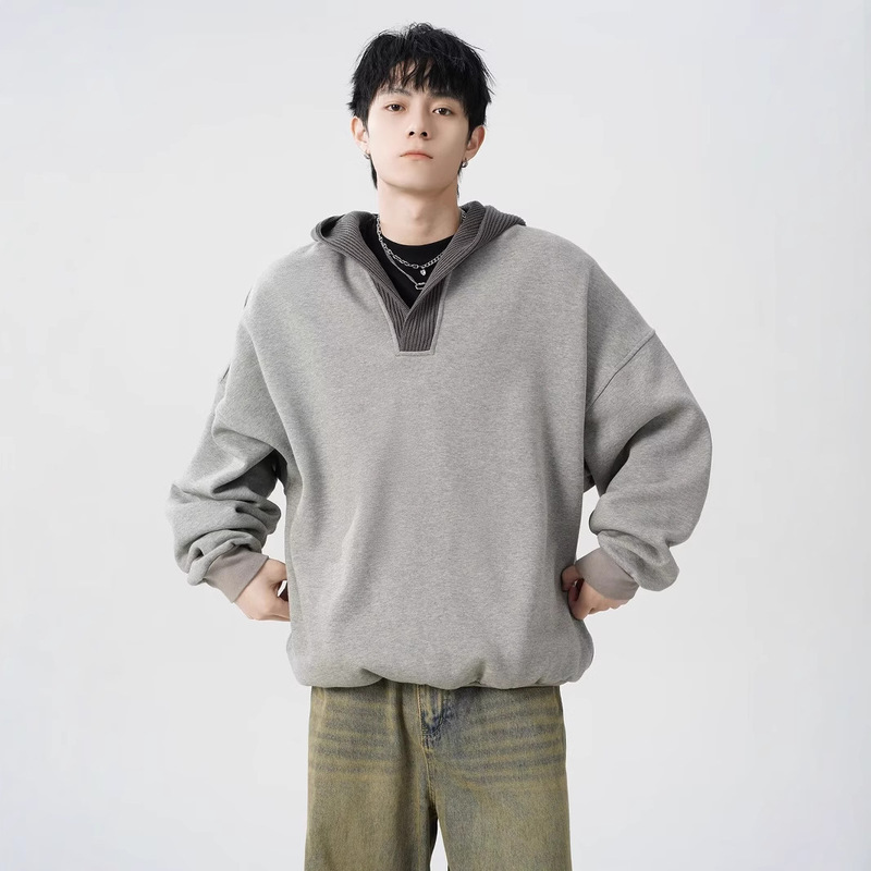 cleanfit Wool Stitching Hooded Sweater Men's Autumn and Winter New Niche Lazy Style V-Neck Casual Hoodie Jacket