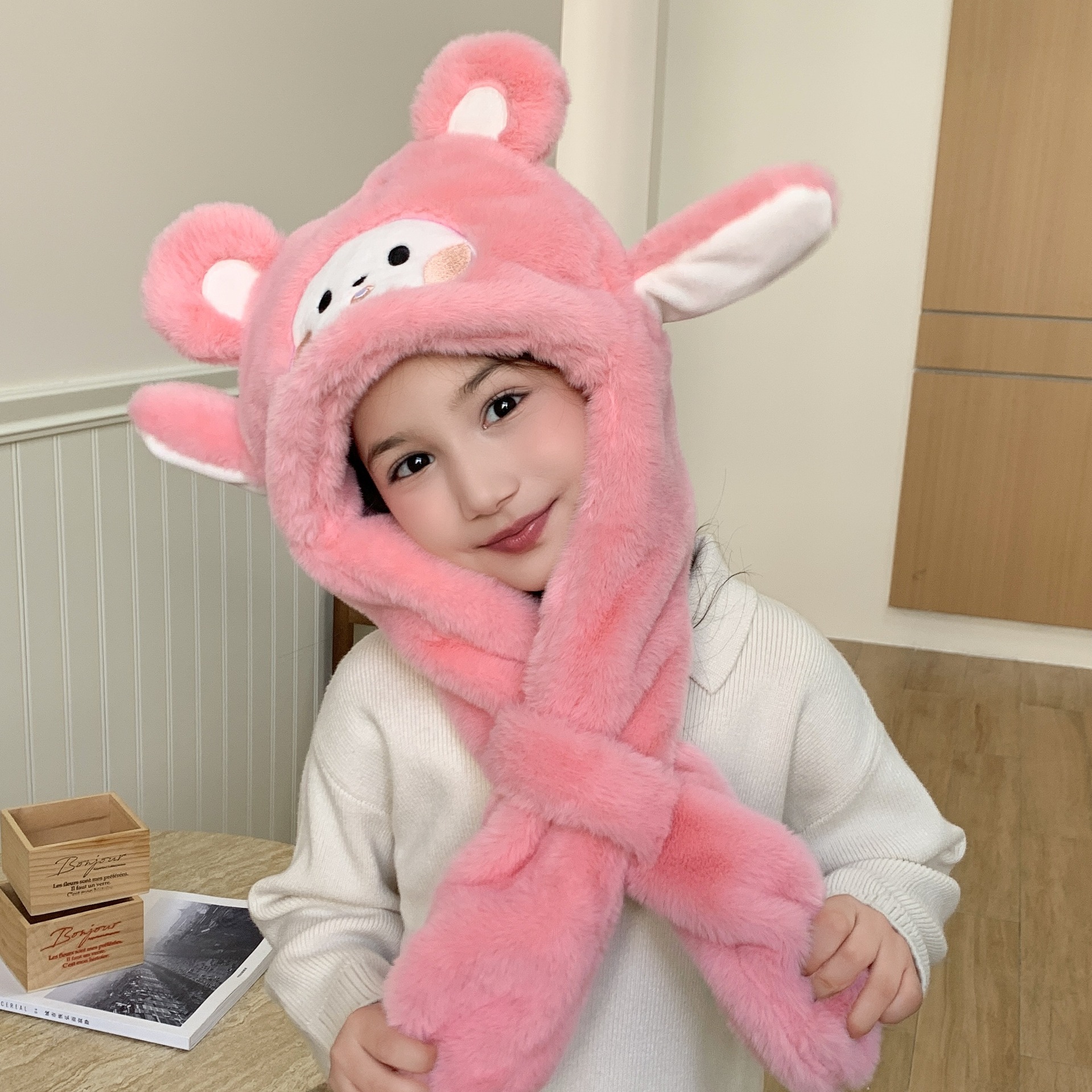 一捏耳朵会动帽子仿兔毛保暖加厚网红儿童兔子抖音帽