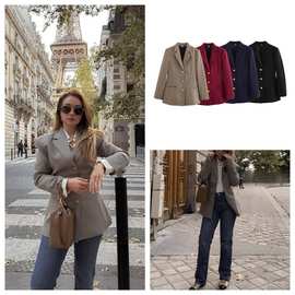 欧美外贸批发2025春新款女装配腰带千鸟格修身西装外套女