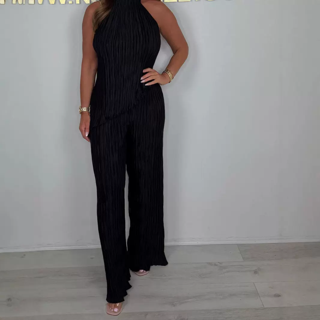 跨境欧美新款女装不对称挂脖上衣松紧腰休闲褶皱裤套装女