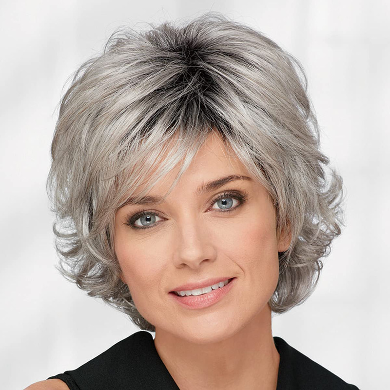European and American Cross-Border Gray Layered Synthetic Wig with Mixed Black Bangs and Natural High-Temperature Fiber European and American Cross-Border Gray Layered Synthetic Wig with Mixed Black Bangs and Natural High-Temperature Fiber