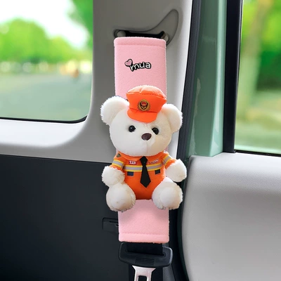 Cover Cartoon Cute Car Neck: Seat belt shoulder pad - pink-velvet-orange-bear