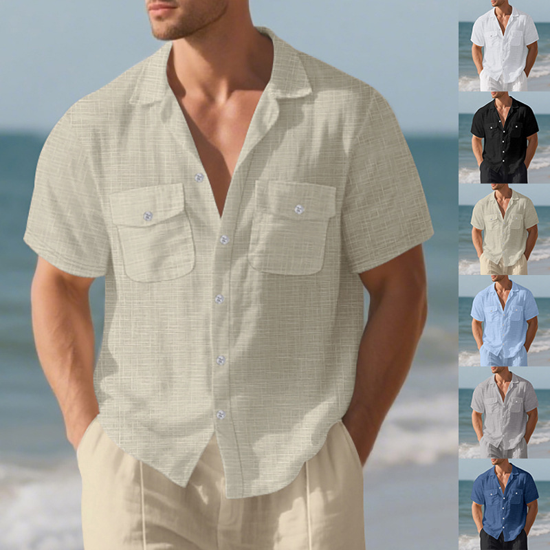 Chemise d'été à manches courtes pour homme, couleur unie, double poche, décontractée, pour les vacances_voghion.com