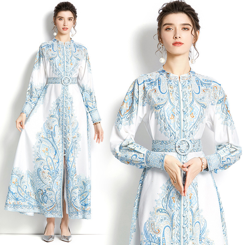 Spring and summer 2022 new ebay Amazon European and American women's elegant stand collar raglan sleeve long printed dress