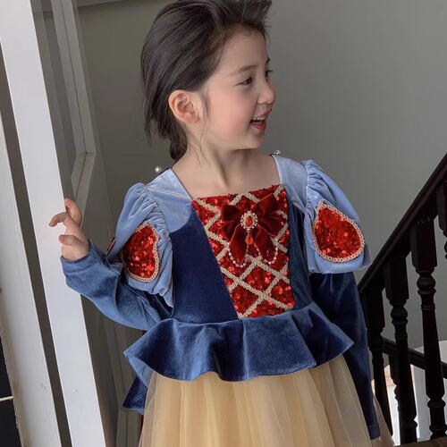 Baby Girl Disney 1st Birthday High-Quality Pom-Pom Dress Gown for Girls, Snow White Dress Autumn Clothes for Children