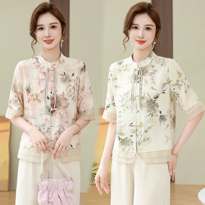 Мама платье 2025 рубашка весна и осень новый средний и пожилой женщины свободный топ для пожилых людей рубашка с принтом моды