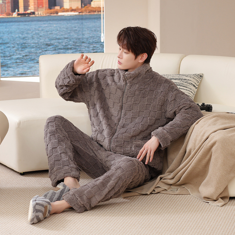 2024 가을과 겨울 남성 칼라 파자마 산호 양털 기모 패딩 플란넬 청소년 홈 의류 2 세트