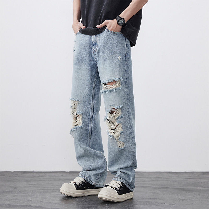 Ripped Jeans Men's Straight Loose Trendy Brand Designer Summer New Dipped Pants American Casual Denim