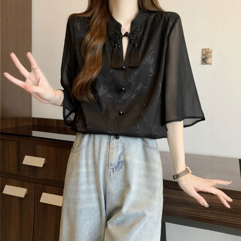 Slimming Tummy-Concealing Chiffon T-Shirt, Plus-Size New Chinese-Style Light National Style Acetate Short-Sleeve Shirt for Women, Summer Top for Plus-Size Women Slimming Tummy-Concealing Chiffon T-Shirt, Plus-Size New Chinese-Style Light National Style Acetate Short-Sleeve Shirt for Women, Summer Top for Plus-Size Women