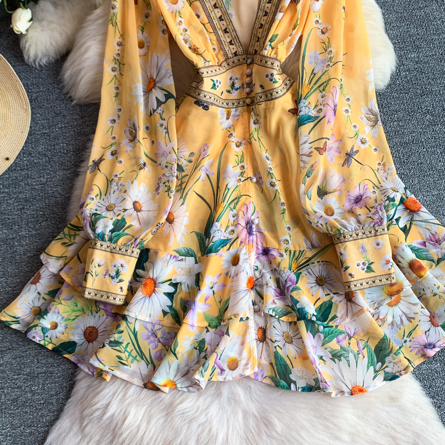 Retro Court Style Women's Dress Sexy Deep V Neck Long Sleeve Summer Floral Print Elegant Fairy Romantic_ecoleips.com