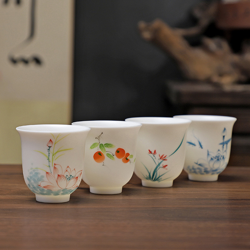 手绘茶杯羊脂玉素烧品茗杯功夫茶杯泡茶个人杯陶瓷主人杯子小茶杯