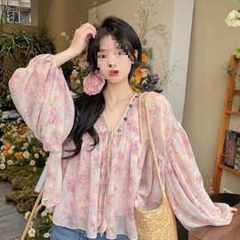 H2Y大码温柔风防晒雪纺衬衫女夏季法式印花扎染衬衣胖MM遮肉显瘦