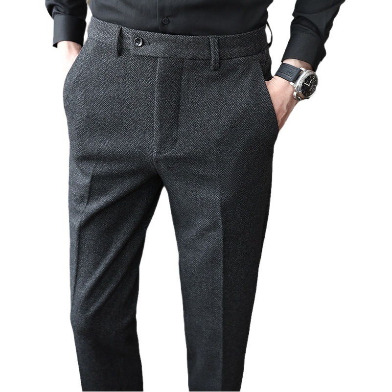 Pantalones de lana de espiga de una sola pieza entrega de otoño e invierno engrosados pantalones delgados de negocios cepillados pantalones de traje pequeño hombres