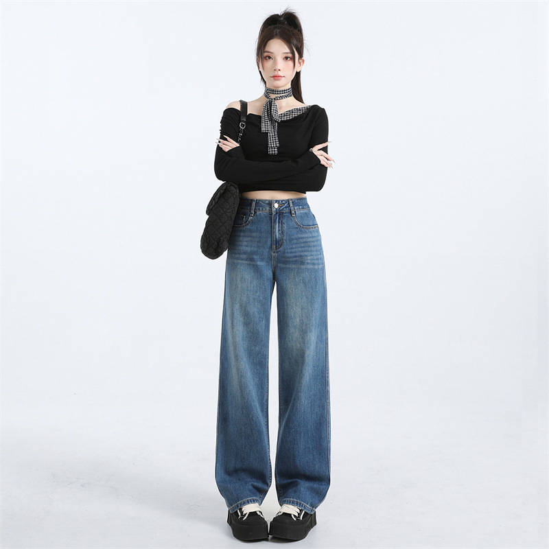 浅蓝色高腰简约阔腿牛仔裤女2025秋季爆款宽松直筒显瘦窄版拖地裤|undefined