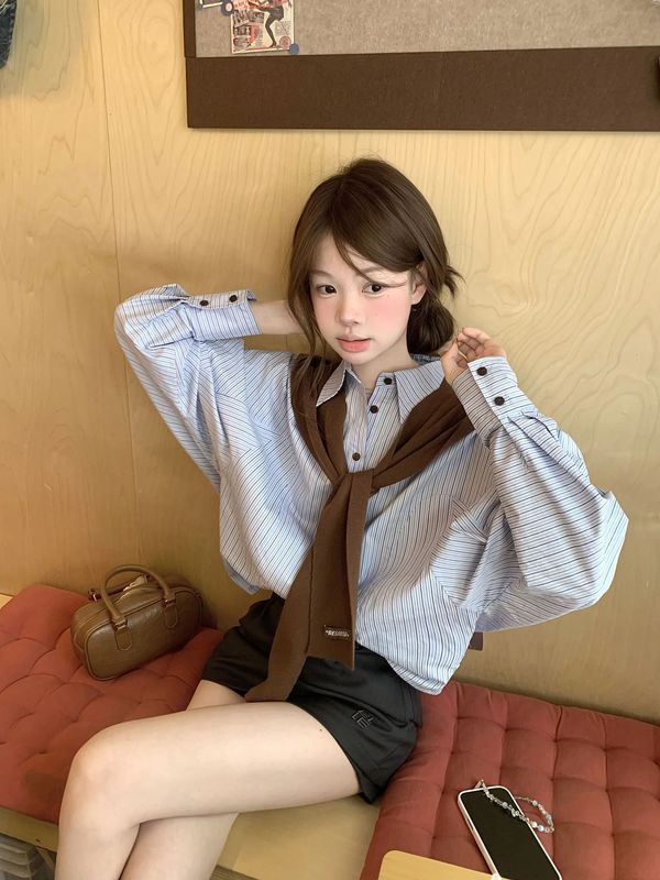 2025韩系蓝色条纹翻领长袖衬衫外套女秋季宽松休闲百搭开衫衬衣潮|undefined