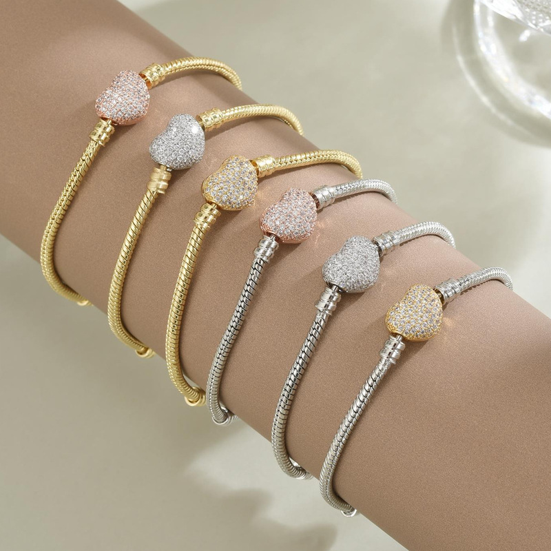 Panjia No Logo Ready-Made Hot-Selling Snake Chain Bracelet DIY Design Heart-Shaped Bracelet Round Full Diamond Snake Bone Chain Inlaid with Diamonds