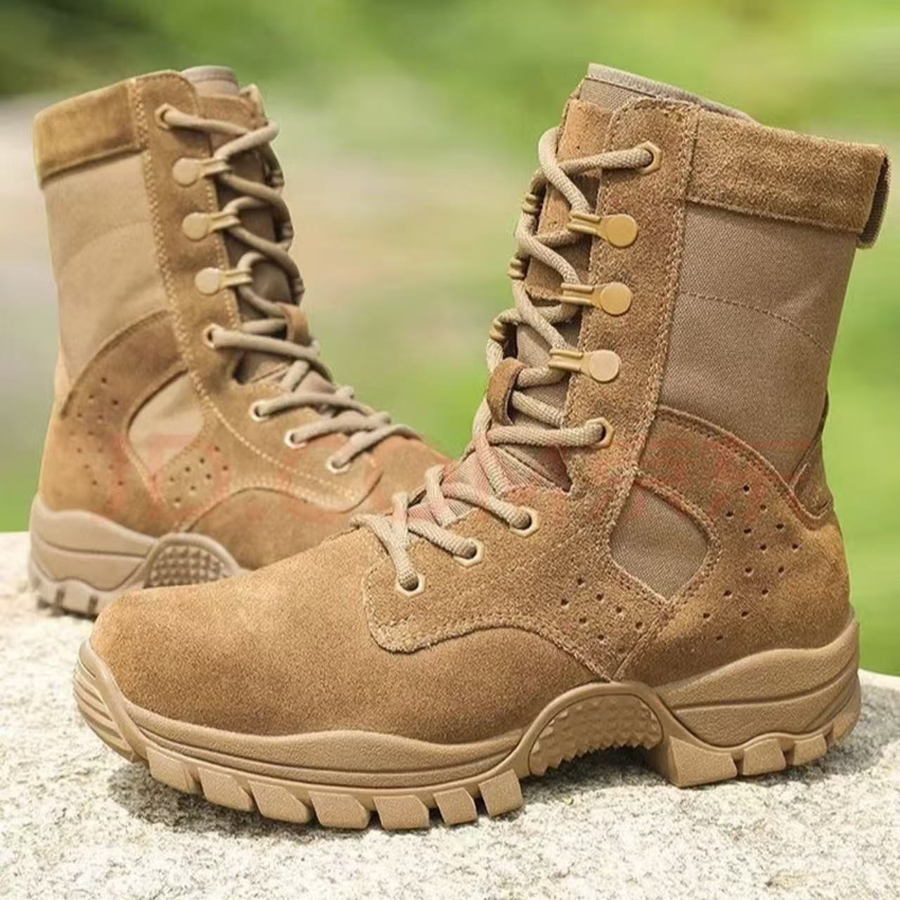 Nuevas botas de entrenamiento tácticas, botas de arena masculinas, ultraligeras, resistentes al desgaste, impermeables, deslizantes, transpirables, montañistas, desérticos, alto marrón.