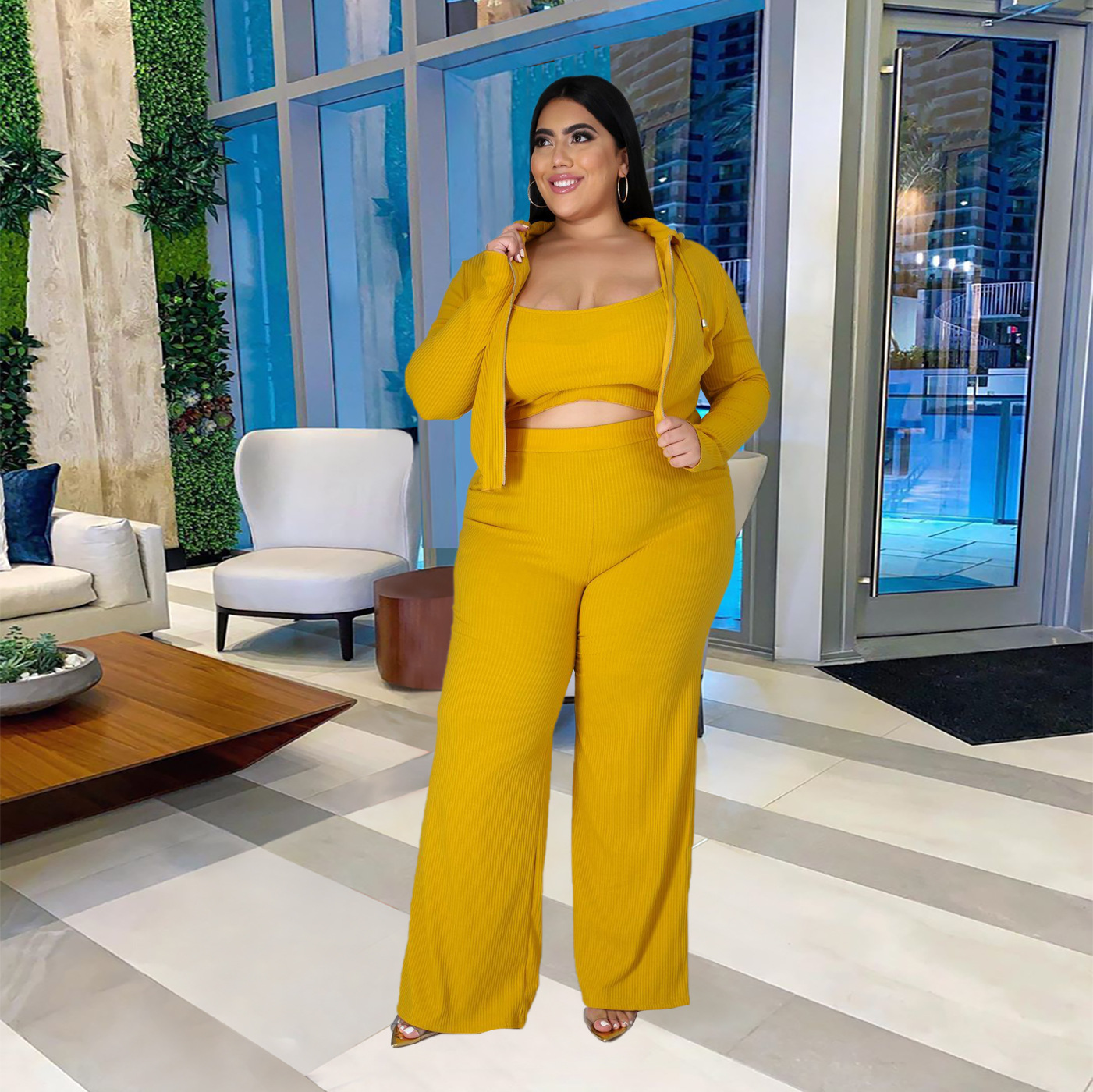 women plus size sweatshirt tube top bell-bottoms three-piece lounge set nihaostyles clothing wholesale NSBMF80103