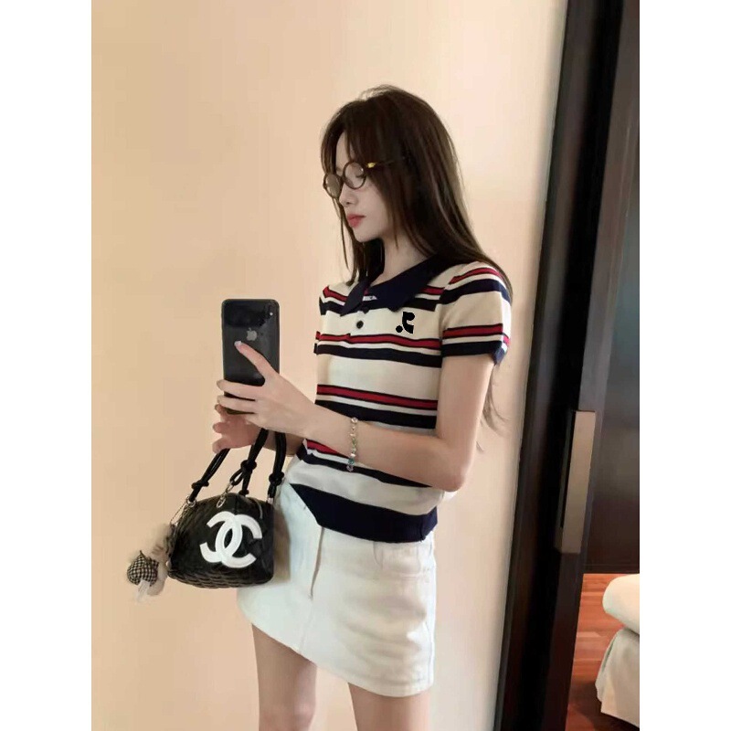 Striped Polo Collar Knitted Ice Silk Short-Sleeve T-Shirt for Women, Regular Shoulder Short Top