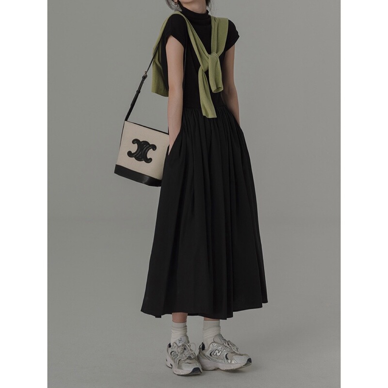 Black Dress French Retro Elegant Prug Skirt A- Line Skirt Women's Commuter High Waist Short-Sleeved Knitted Slimming Long Skirt