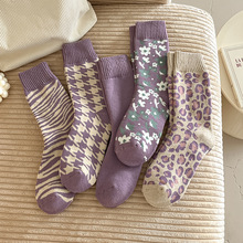 紫色袜子女秋冬款加绒加厚中筒女袜毛圈长袜女士冬天保暖格子棉袜