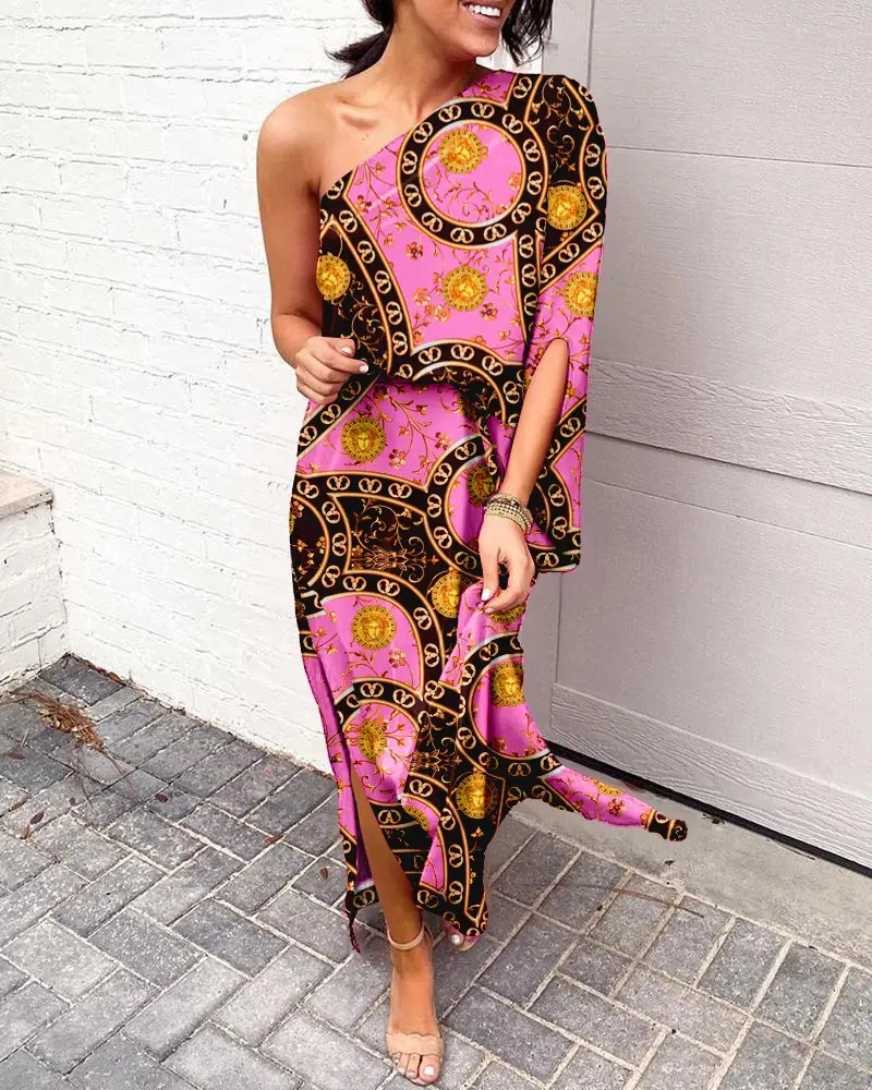 Women's Irregular Skirt Fashion Oblique Shoulder Collar Printing Short Sleeve Flower Maxi Long Dress Daily display picture 4