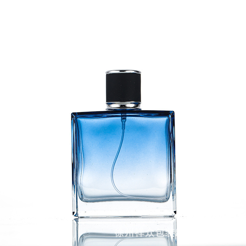Botella de perfume de bayoneta de color de alta gama botella de vidrio de fondo grueso botella de vidrio de color degradado botella de vidrio cuadrado plano negro dividida en 100 m