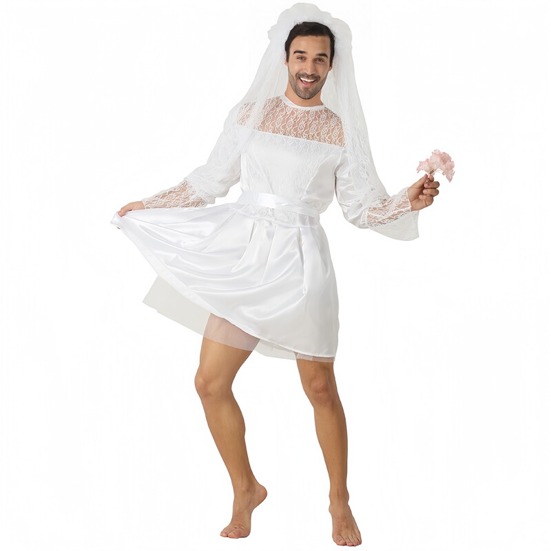 In-Stock Halloween Male Bride Cosplay Costume for Masquerade Party, Wedding Bride Dress, Prank Game Outfit