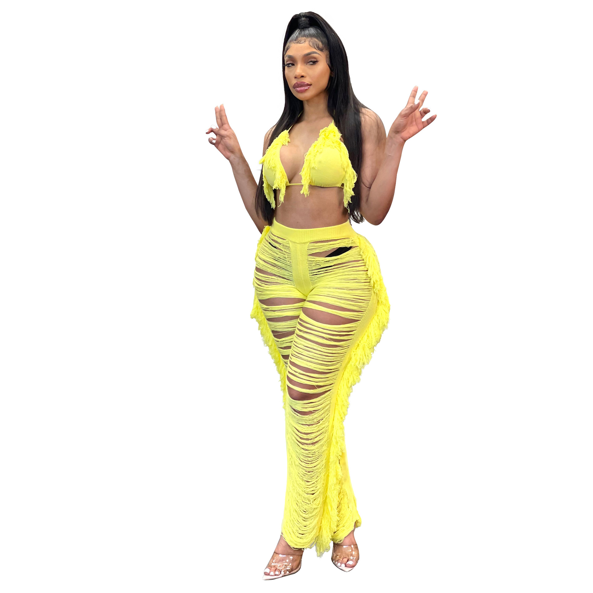 Women's Clothing summer new women's sexy tassel knitted pants suit_voghion.com