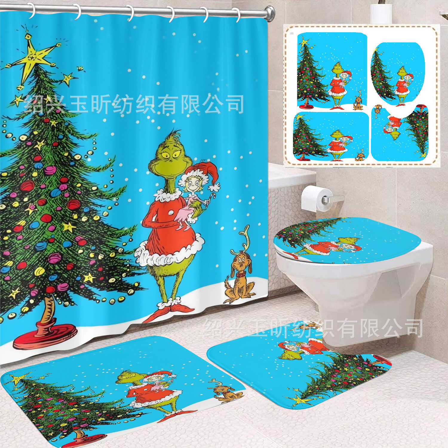 Tela de cortina de ducha transfronteriza, cortina de ducha impermeable, alfombra antideslizante de baño, juego de Grinch 4 de pelo verde al por mayor, sin perforación