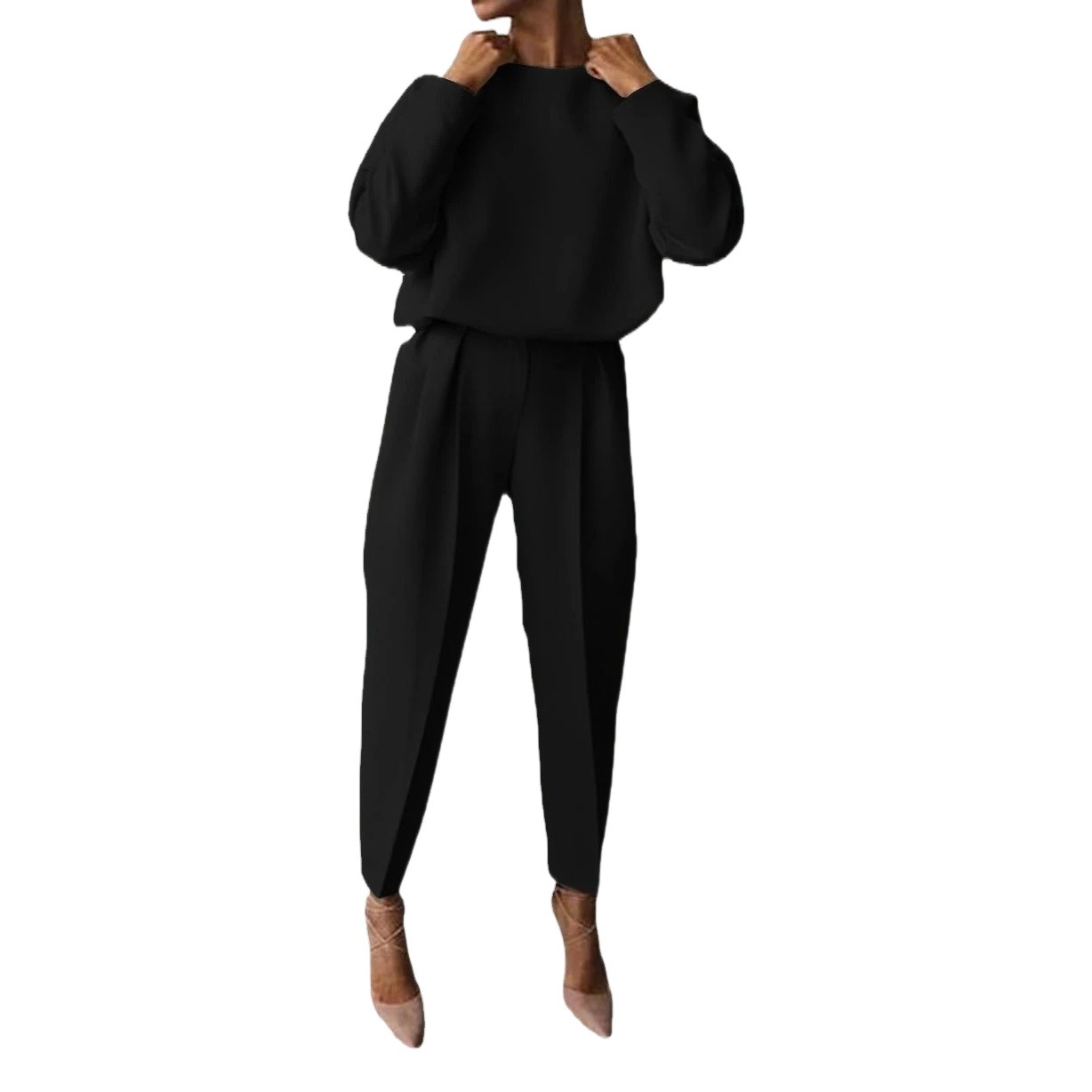 Spot Autumn and Winter Cross-Border European and American Clothing Amazon Loose Solid Color Long-Sleeved Casual Two-Piece Suit