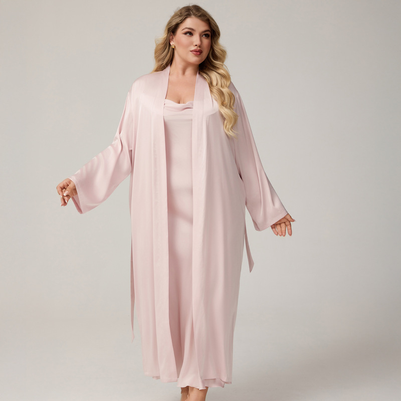 Yao Ting European and American Style Plus Size Long Satin Slip Dress Summer Nightgown Bathrobe Set Women's Sexy Comfortable Loungewear